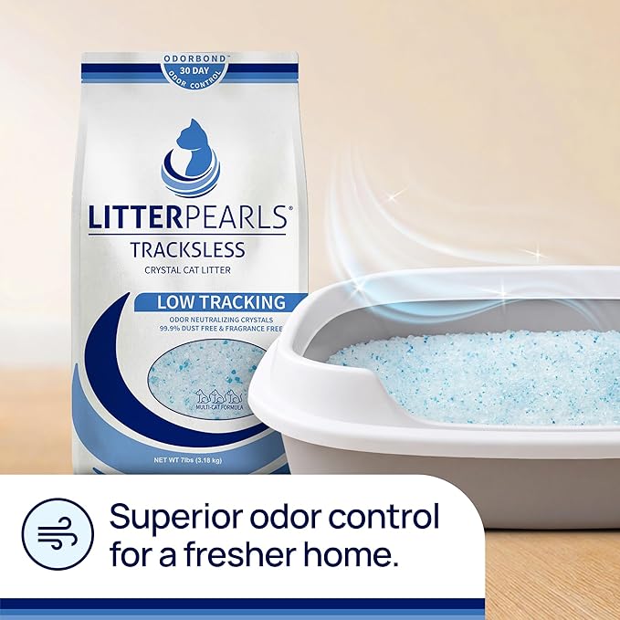 Litter Pearls Tracksless Unscented Non-Clumping Crystal Cat Litter with Odorbond, 7 lb, White, Clear and Blue Crystals