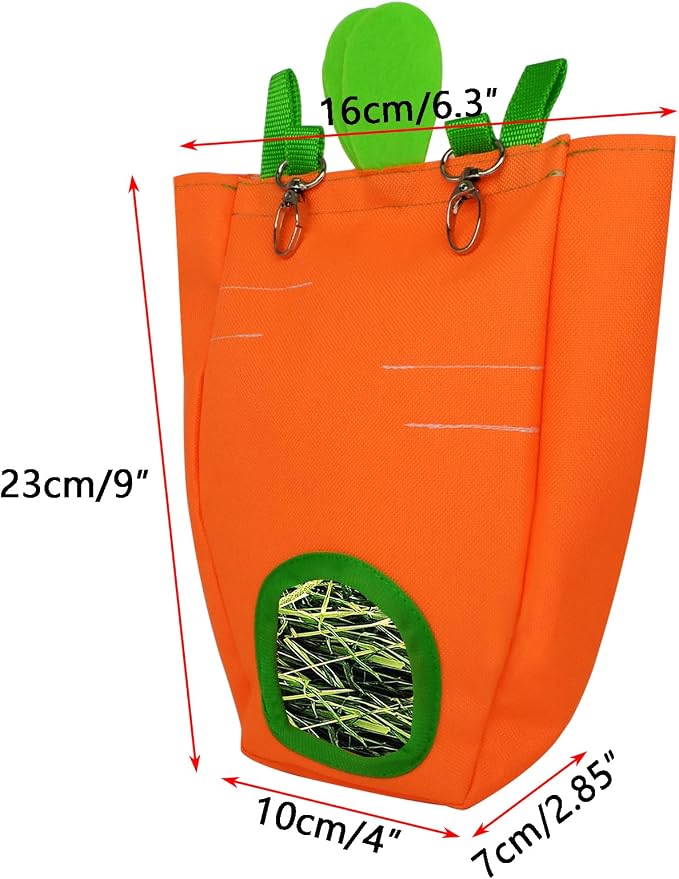 Rabbit Hay Feeder Bag for Cage Guinea Pig Timothy Hay Dispenser Storage Manger Hanging Large Less Waste for Bunny (Carrot)