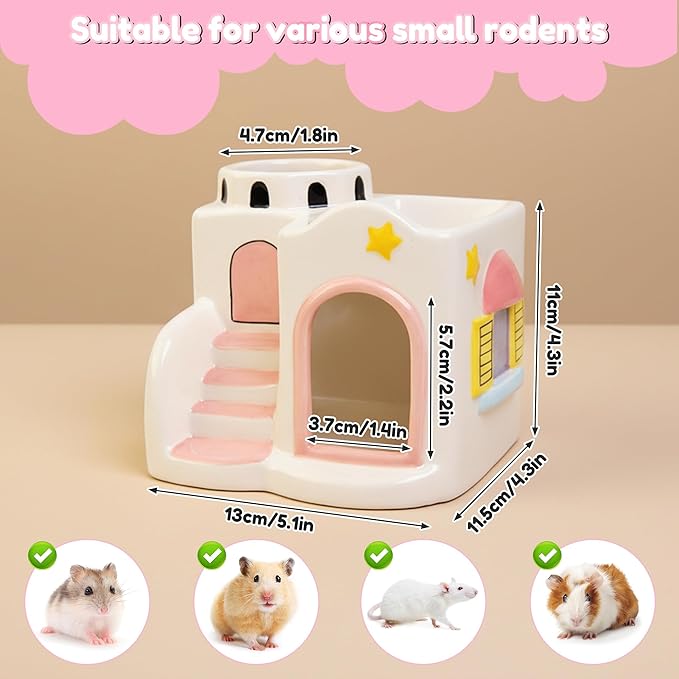 Ceramic Hamster Hideout - 3-in-1 Small Animal Climbing Feeding Hideaway House with Water Bottle, Pink Castle Shaped Chew Proof Mini Summer Cooling Hut Cage for Dwarf Hamster Mice Rat