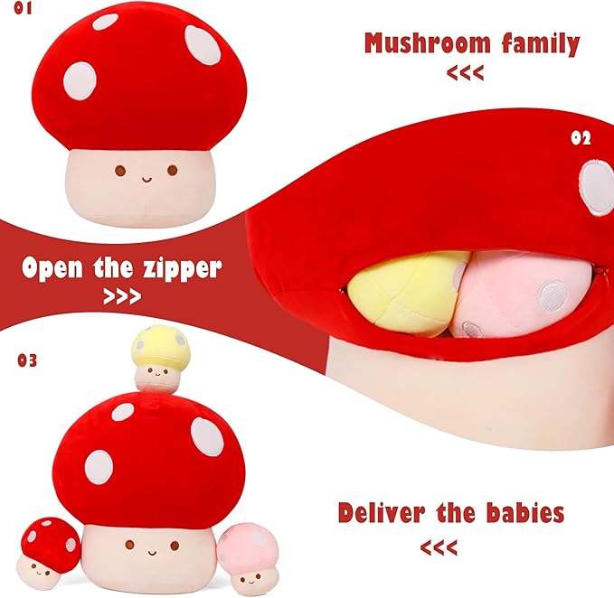 WeBingo Mushroom Plush Pillow 4-Piece, 12 Inch Large Mushroom Decor Stuffed Animal Plushies Stuffy with 3 Babies for Girl Boy Kid Adult, Big Jumbo Soft Toy Gift for Birthday Christmas Valentine's Day