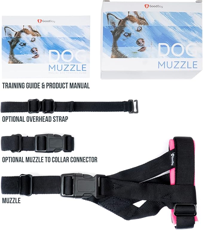 Gentle Muzzle Guard for Dogs - Prevents Biting and Unwanted Chewing Safely - New Secure Comfort Fit - Soft Neoprene Padding - No More Chafing - Training Guide Helps Build Bonds with Pet (XL, Pink)