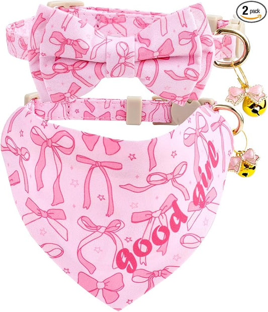 Faygarsle 2 Pack Pink Bow Pattern Cat Collar Set with Bandana and Bowtie, Breakaway Safety Collar with Bell Spring Summer Design for Girl Cats