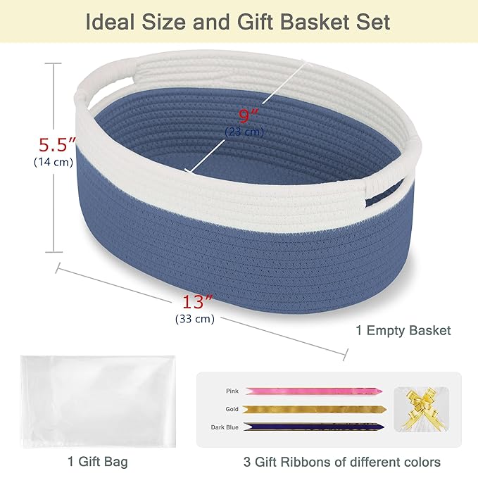 Small Woven Basket with Gift Bags and Ribbons, Empty Baby Gift Baskets for Kids Women Men, Shelf Storage, Small Cat Dog Pet Toy Boxes, 13”x 9”x 5.5”, Folkstone Gray