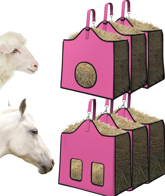 Hay Feeder for Goats and Horses - Slow Feed Design, Heavy Duty Hanging Hay Bag for Barn, Trailer & Paddock, Easy to Hang & Clean(3pcs, Pink)
