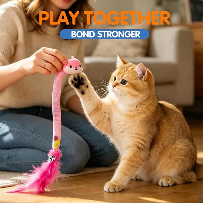 Cat Feather Toy 4 Pack – Interactive Bell & Pom-Pom Snake Stick for Indoor Play, Exercise, and Hunting Fun for Cats