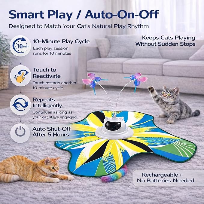 Interactive Cat Toy for Indoor Cats, Rechargeable 3-in-1 Hide and Seek Cat Toy with Spinning Butterfly & Plush Tail, Ultra-Quiet Touch Activated Self Play Cat Exercise Toy for Adult Cats & Kittens | Touch Activated, Spinning Butterfly, Plush Tail, Ultr...