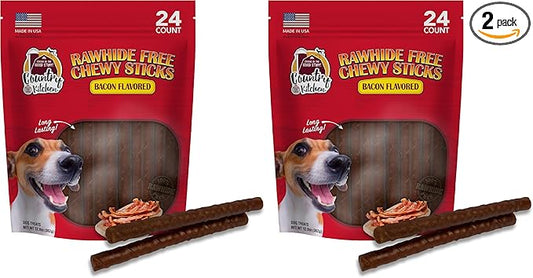 Country Kitchen Rawhide Free Chewy Stick Dog Treats, Bacon Flavor, 24 Count (Pack of 2)