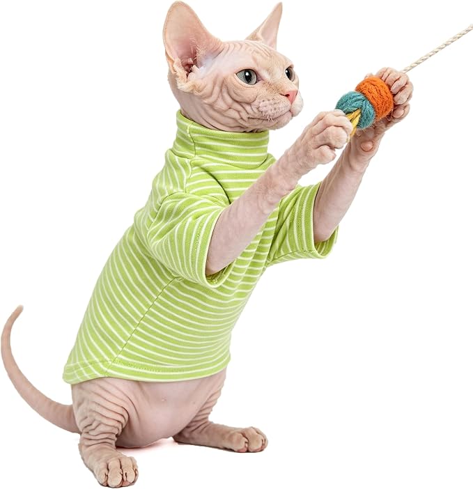 Sphynx Cat Clothes for Cats Only, Narrow Striped Sphynx Shirt Clothes T-Shirts Sweatshirt with Sleeves, Soft Kitten Sphinx Clothes Pet Apparel Devon Rex,Cornish Rex,Peterbald,Green,M