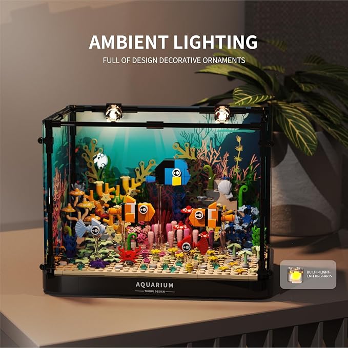 Fish Tank Building Block, Lighting Aquarium Building Sets for Adults and Kids Including Clownfish, Coral, Crab，Flowers, Animal Building Toys for Boys Age 8+, 570pcs