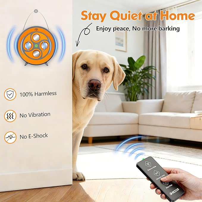 New Anti Barking Device for Dogs, Rechargeable Dog Barking Deterrent up to 75ft with Remote, Variable Ultra Frequency/6 Modes/IP65 Waterproof Dog Silencer Stop Neighbors‘ Dog from Barking (Orange)