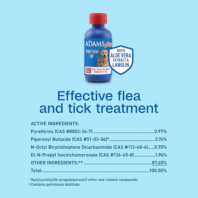ADAMS Plus Pyrethrin Flea Dip for Dogs and Cats, Kills and Repels Fleas, Ticks, Lice, Gnats, Mosquitoes and Flies, for Dogs, Cats, Puppies, & Kittens, 4 Fl oz (Pack of 2)
