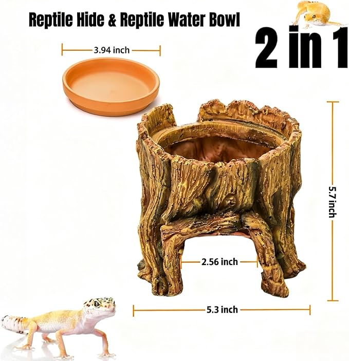 Reptile Hide Cave Hideout Habitat House Decor with Clay Water Basin Humidifying Help Shedding for Leopard Gecko Snake Ball Python Tortoise Toad Tarantula Frog