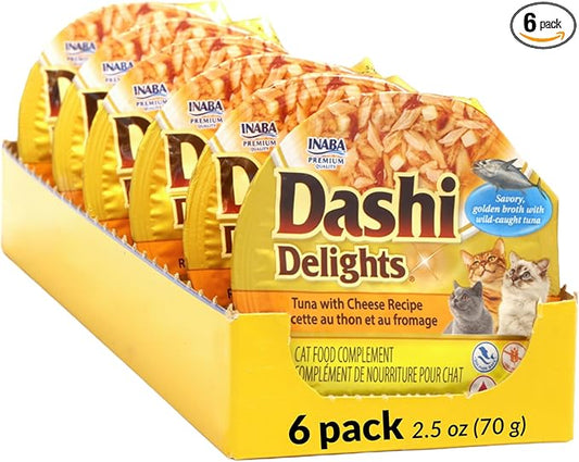 INABA Dashi Delights for Cats, Shredded Tuna Side Dish with Bonito Flake Broth, Cat Food Complement with Taurine & Green Tea Extract, 2.5 Ounce Cup, 6 Cups Total, Tuna with Cheese Recipe