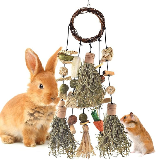Bissap Rabbit Chew Toy, Bunny Cage Hanging Chewing Toys and Treats Wooden with Snacks for Guinea Pigs Chinchillas Hamsters Rats and Other Small Pets Teeth Grinding (Timothy Hay & Vine)