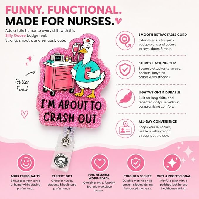 Im About to Crash Out Silly Goose Funny Nurse Badge Reel Retractable ID Name Clip Cute Fun Humor Decorative Durable Healthcare Worker Accessories Gift Medical Assistant Nursing Student RN CNA ER ICU
