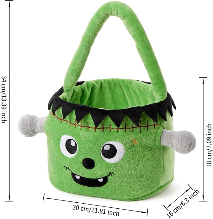 Halloween Plush Treat Basket, Halloween Candy Basket, Trick-or-Treat Bag (Green Frankenstein)