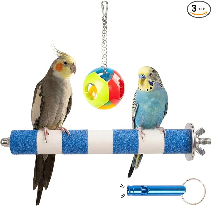 Perch Stand 3-in-1 Bird Toys Gift Set, Parrot Perch Bird Cage Accessories for Cockatiel, Parakeet, Lovebirds All Small Medium Birds, Durable Beak & Claw Trimming Grinding Stone, Safe, Easy to Clean