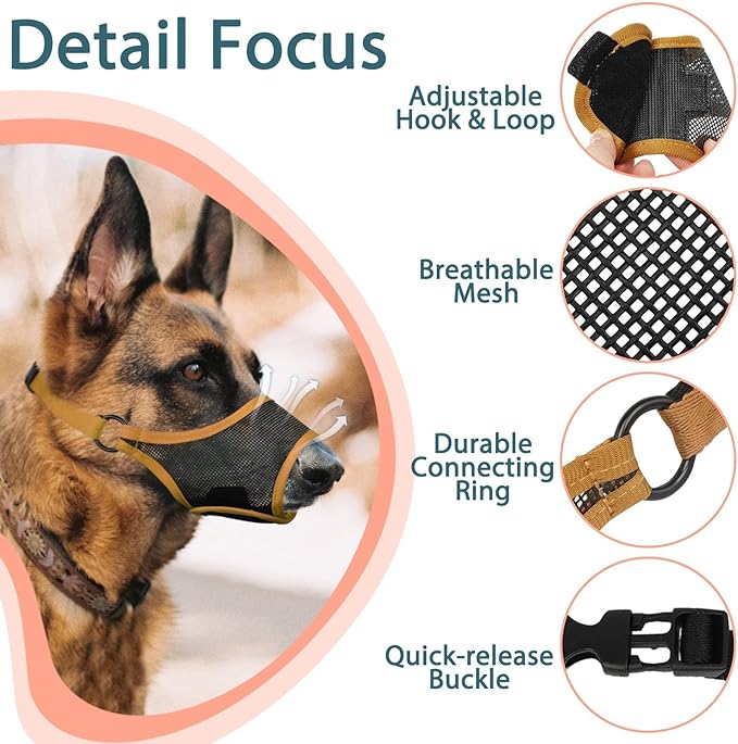 LUCKYPAW Dog Muzzle, Mesh Muzzle for Large Medium Small Dogs, Soft Mouth Guard for Biting Chewing, Breathable Mouth Guard with Adjustable Strap for Training(Brown, S(Snout:7.75"-8.75"))