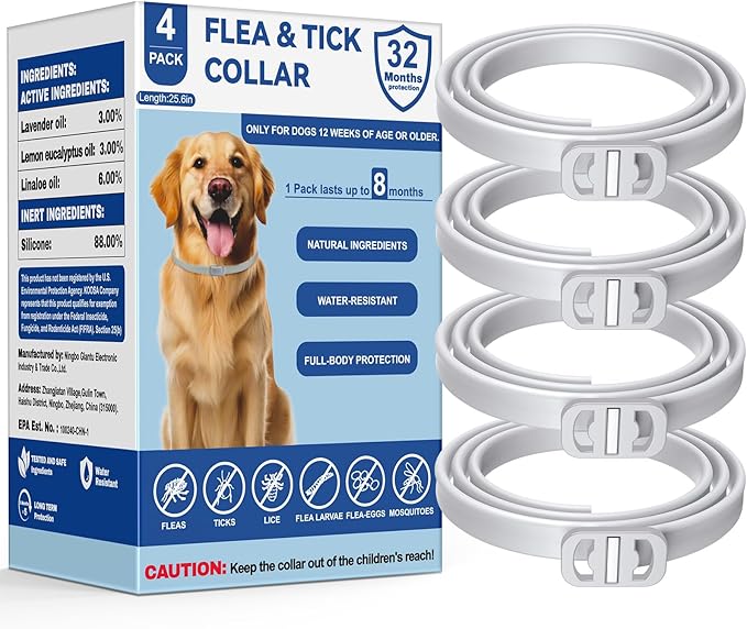 KOOSA Flea and Tick Collar for Dogs, 4 Packs Flea Collar for Dogs with Natural Essential Oils, Waterproof & Adjustable Flea and Tick Prevention Collar for Small Medium Large Dogs & Puppies, Grey