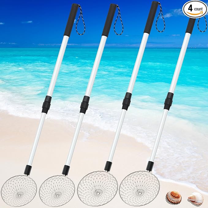 Roshtia 4 Pcs Beach Sand Sifter Set, Adjustable Long Handle Shell Scoop, Shark Tooth Sifter Mesh Shovel for Family Seashell Collecting, Sea Glass Hunting and Beach Treasure Fun