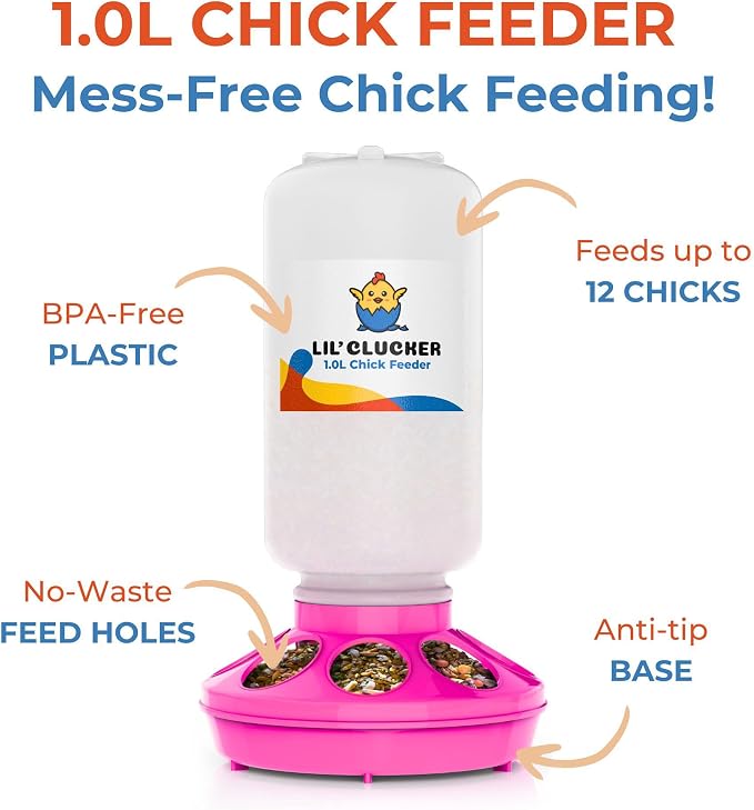 Lil'Clucker 1L Chick Feeder, 1.5L Chicken Waterer - No Leakage Chick Feeder and Waterer Kit, Durable Chicken Water Feeder, Chicken Feeder and Waterer Set, Poultry Waterer (Pink)