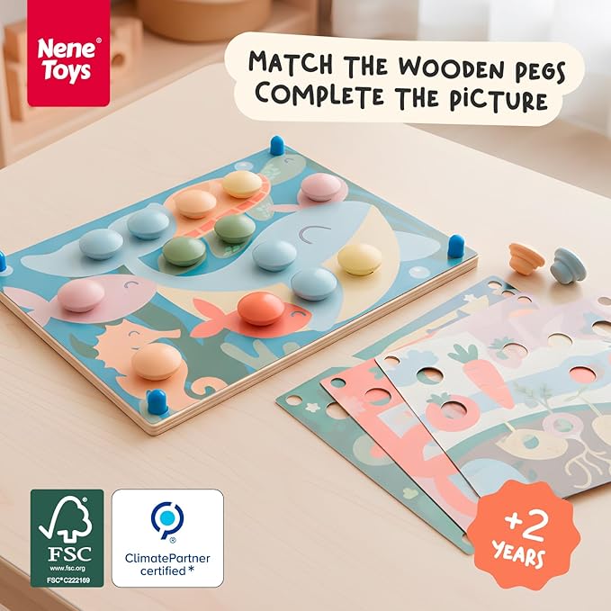Nene Toys Wooden Color Matching Pegboard for Toddlers 2+ - Pastel Button Art Mosaic Puzzle with 24 Wooden Pegs & 12 Pattern Cards - Montessori Fine Motor Toy for 2 3 Year Old Boys Girls