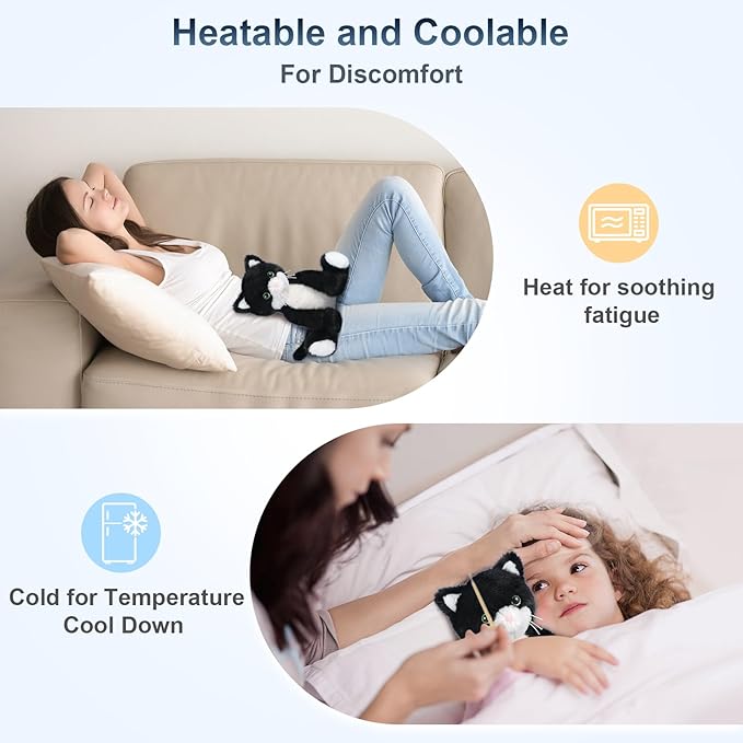 SuzziPals Heatable & Coolable Black and White Cat Stuffed Animal, Cat Heating Pad Microwavable for Soothing & Relaxation, Lavender Scented Tuxedo Cat Plush Toy for Stress Relief, Cat Toys for Kids