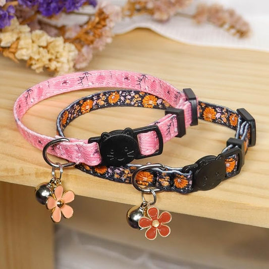 Cat Collar Breakaway, 2 Pack Cotton Kitten Collars with Bells and Removable Charms, Cute Flowers Shaped for Indoor Boy, Girl and Adult Cats