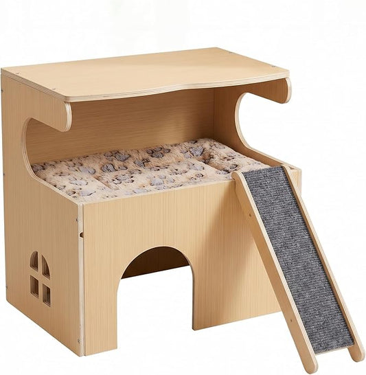 Quazara Guinea Pig Hideout, 2-Tier Thickened Natural Wood Chew Resistant Small Animal House, Pet Shelter with Ramp & Washable Cushion, 10-Min Assembly with Screwdriver, for Guinea Pigs,Hamster