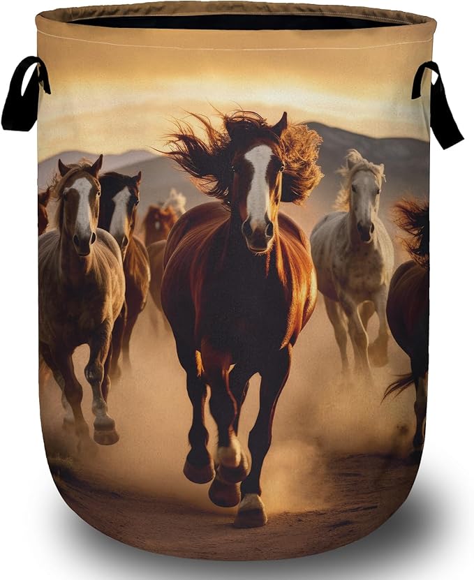 Running Horse Laundry Basket, Laundry Hamper Collapsible Oxford Cloth with Handle Clothes Storage Bin for Bathroom Laundry Room Bedroom 15.7 X 20 Inch