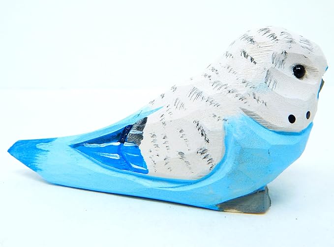 Selsela Hand-Carved Blue Parakeet Figurine - Miniature Wooden Budgie Bird Statue Sculpture, Handmade Animal Sculpture, Vibrant Home Decor & Collectible Gift