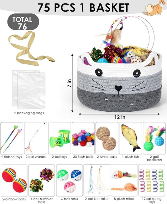 76-Piece Cat Storage Basket & Interactive Cat Toy Set: Wand Toy, Colorful Flashing Balls, Crinkle Balls – Attracts Kittens to Swat and Hunt, Indoor Cat Toy (Grey)