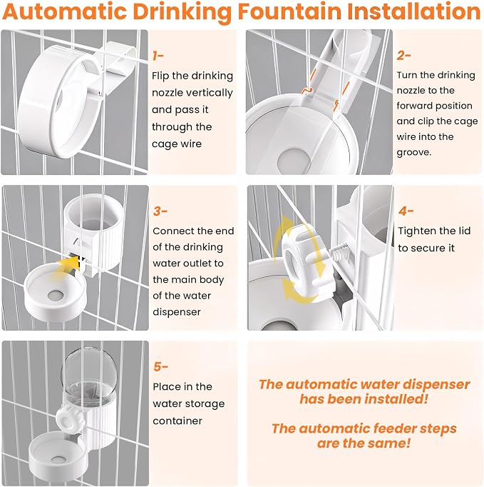 38oz Hanging Automatic Food Water Dispenser, Large Capacity Gravity Rabbit Water Dispenser and Feeder Set, for Bunny Guinea Pig Chinchilla Ferret Cage Accessories (White)