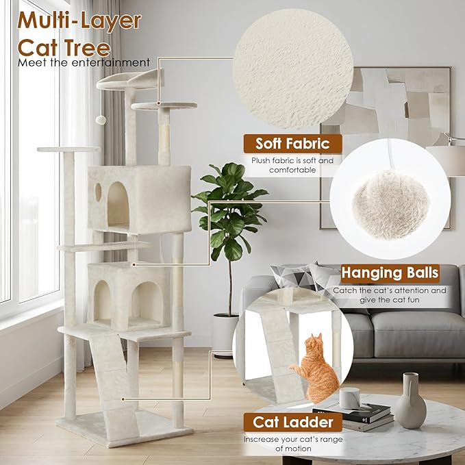PayLessHere Cat Tree 62in Cat Tower with Cat Scratching Post,Multi-Level Cat Condo Stand House Furniture Kitty Activity Center with Furry Ball Toys Cat Tree for Indoor Cats,Beige