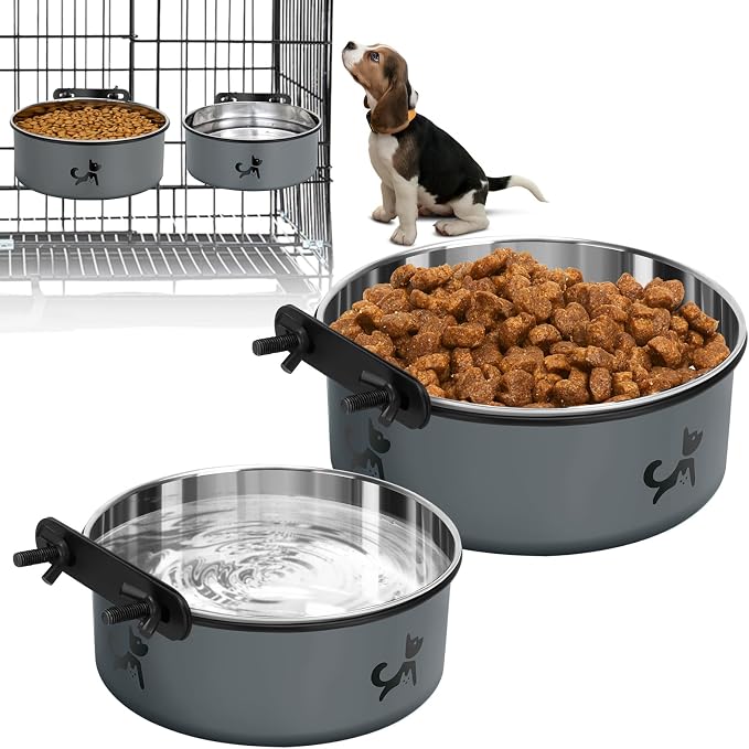 Dog Crate Bowls Hanging No Spill, Set of 2 Dog Crate Water Bowl, Mountable Stainless Steel Pet Cage Accessories Feeder Crate Water Food Dish Coop Cup for Cat Puppy Bunny Guinea Pig Ferret