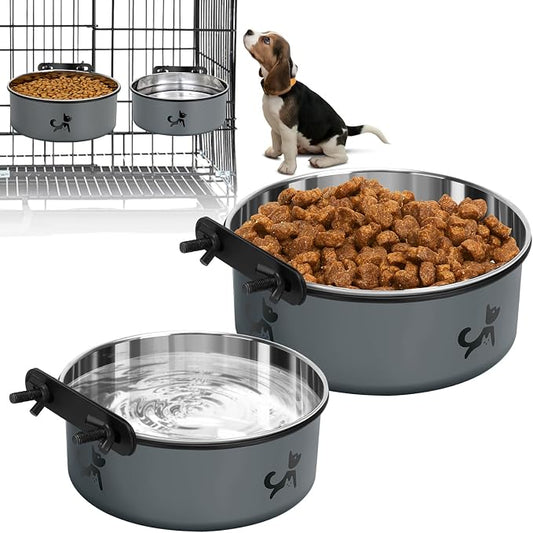 Dog Crate Bowls Hanging No Spill, Set of 2 Dog Crate Water Bowl, Mountable Stainless Steel Pet Cage Accessories Feeder Crate Water Food Dish Coop Cup for Cat Puppy Bunny Guinea Pig Ferret