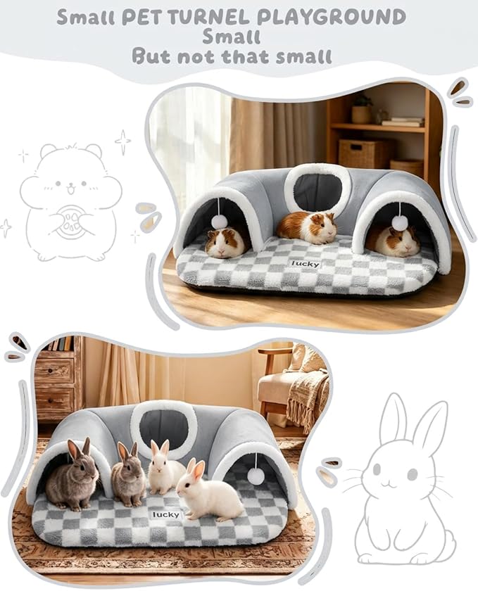 Extra Large Guinea Pig Hideout Tunnel, 3-Cave Small Animal Tunnel for Play Tube Toys Mat, Pet Tunnel for Dwarf Rabbits Bunny Chinchillas Hamsters Hedgehogs Ferrets,Grey, 22.05" × 16.14"× 5.51"