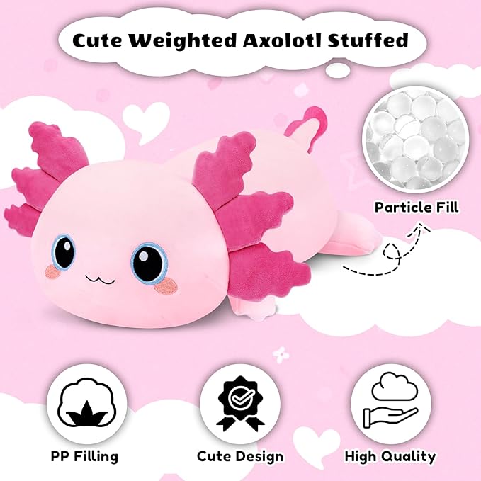 Finebee Weighted Axolotl Stuffed Animals, Cute Weighted Axolotl Plush, Soft Stuffed Weighted Plush Pillow Gifts for Kids Adult (23.6" 3.1Lbs)