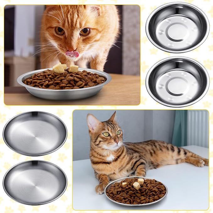 Domensi 8 Pieces Stainless Steel Cat Bowls 5.5 Inch Wide Flat Cat Dish Small Plate for Kittens Ferrets Wet and Dry Food