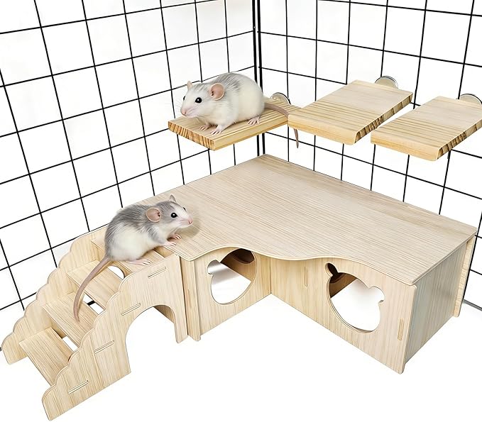 Hamster Hideout Multi-Chamber Hamster House Maze Tunnel Rat Cage Platform Stand Boards Habitats Decor Accessories for Gerbils Mice Lemmings (M)