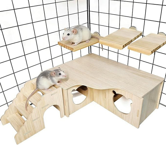 Hamster Hideout Multi-Chamber Hamster House Maze Tunnel Rat Cage Platform Stand Boards Habitats Decor Accessories for Gerbils Mice Lemmings (M)