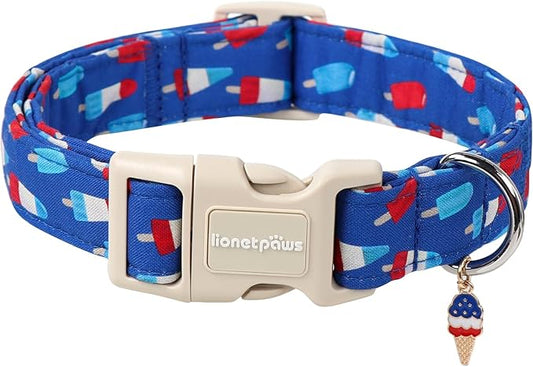 Lionet Paws 4th of July Dog Collar- Cute Blue Red Popsicle Dog Collars with Plastic Buckle and Icecream Pendant, Light Adjustable Dog Collars for Medium Dogs