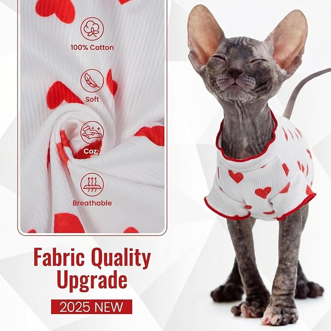 DENTRUN Heart Pattern Sphynx Hairless Cats Shirt, Kitten T-Shirts with Perlin Sleeves, Breathable Cat Wear Cute Sweater Adorable Hairless Cat's Clothes Vest Pajamas Jumpsuit