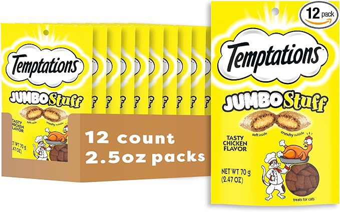 Temptations Jumbo Stuffed Cat Treats, Crunchy and Soft Cat Treats, Tasty Chicken Flavor, 2.5 oz. Pouch (Pack of 12)