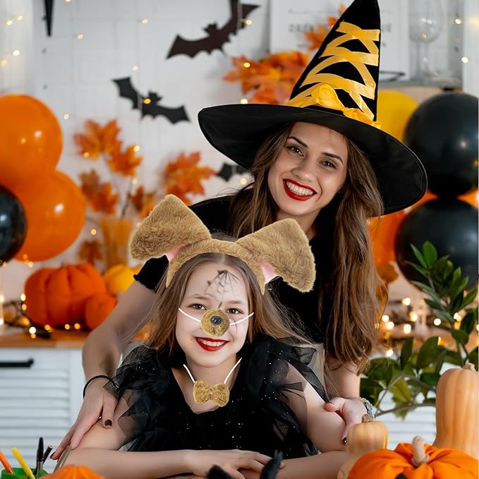 4-Piece Dog Ears and Tail Costume Accessory Set – Includes Brown Plush Dog Ears Headband, Nose, Bow Tie, and Clip-On Tail for Halloween Cosplay, Dress-Up Parties, School Plays, Animal-Themed Events