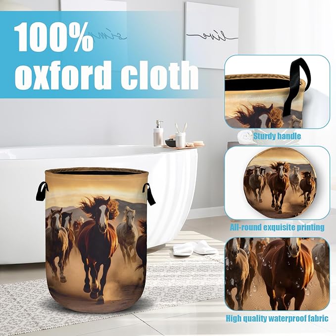 Running Horse Laundry Basket, Laundry Hamper Collapsible Oxford Cloth with Handle Clothes Storage Bin for Bathroom Laundry Room Bedroom 15.7 X 20 Inch