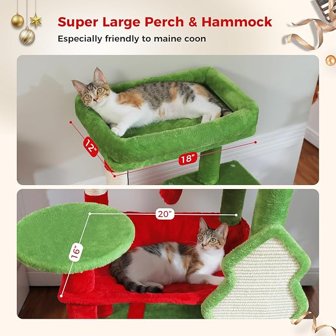 PETEPELA Christmas Cat Tree for Indoor Cats, 56.3'' Tall Multi-Level Cat Tower with Super Large Hammock (20''X16''), Sisal Covered Scratching Posts, Cozy Condo and Top Perch, Christmas Style