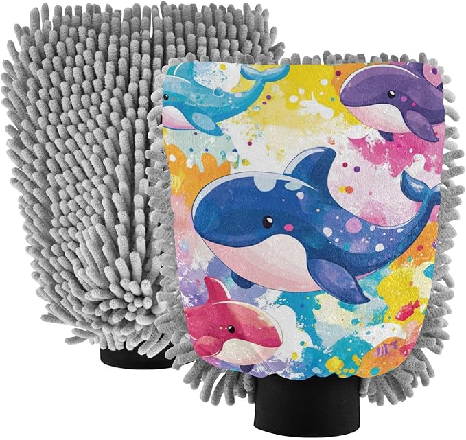 Car Wash Mitt Microfiber Wash Mitts for Car Washing Scratch-Free Cleaning Gloves Soft Non Absorbent Chenille Auto Hand Mitt Medium 2Pack Tie Dye Whales and Fishes