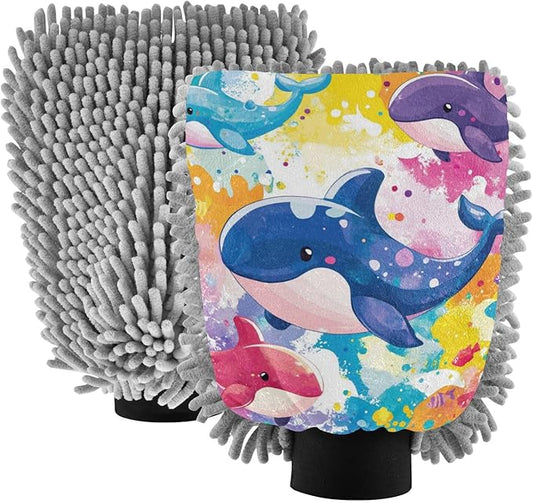 Car Wash Mitt Microfiber Wash Mitts for Car Washing Scratch-Free Cleaning Gloves Soft Non Absorbent Chenille Auto Hand Mitt Medium 2Pack Tie Dye Whales and Fishes
