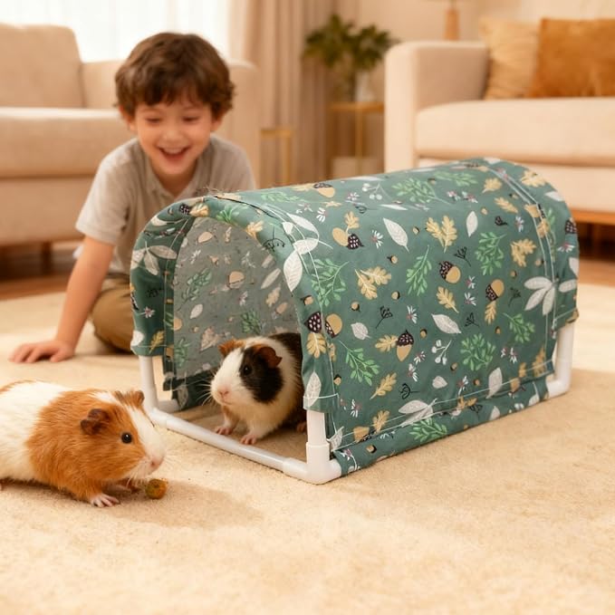 Guinea Pig Hideout Tunnel, Washable Large Fleece Guinea Pigs Toys for Small Animal Habitat, Sturdy Anti-Chew Guinea Pig’s Hides for Bunny, Chinchilla,Greenwhite (8.2×8.6 inch)